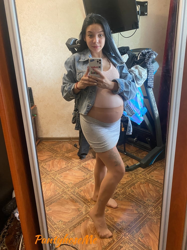Pregnant Brunette In Sheer Pantyhose