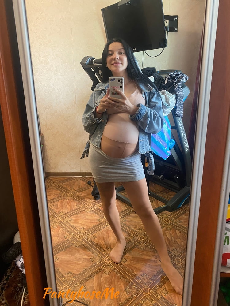 Pregnant Brunette In Sheer Pantyhose